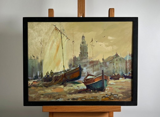 Pintura al óleo original Paisaje urbano al atardecer Atardecer en el muelle