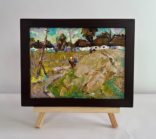 Original Oil Painting Village Day Landscape We are returning home