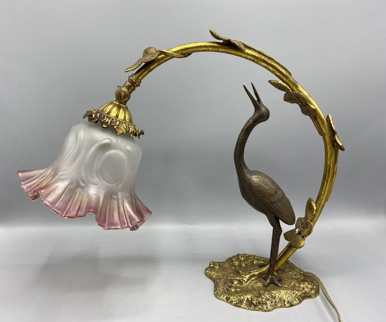 Image 1 of 1 lampada da scrivania in bronzo Art Nouveau con airone