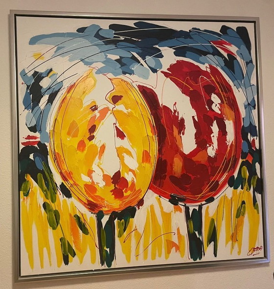 Abstract levendig schilderij met Tulpen, Schilderijen & Tekeningen, Canvas, Metaal, Geel (foto 4 van 5)