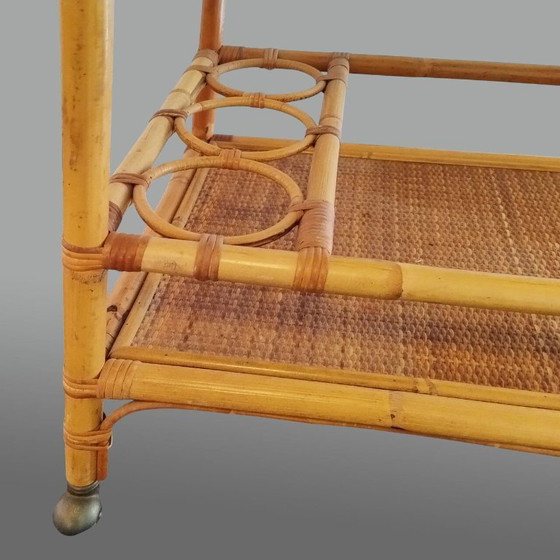 Image 1 of 1960s Italian Mid-Century Modern Bamboo & Rattan Bar Cart. Made in Italy
