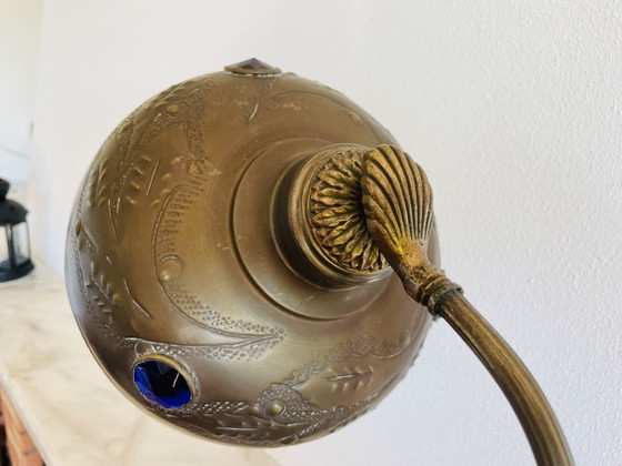 Image 1 of Art Deco Vintage Ornate Brass Table Lamp with Blue Glass Inserts, 1930s