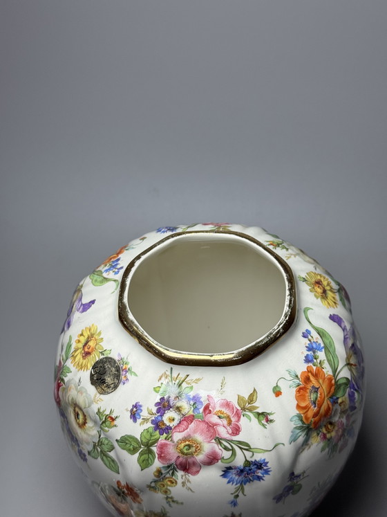 Image 1 of Pot à couvercle Boch Frères La Louvière Keralux – Motif floral « Bouquet de Saxe » – Art déco belge, années 1930/1940