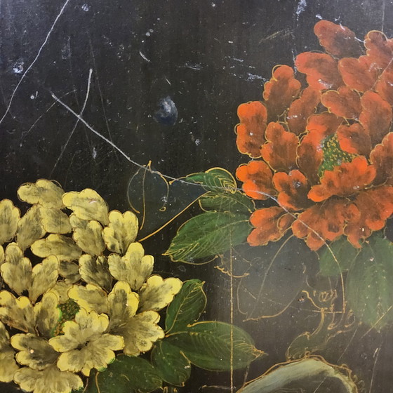Image 1 of Vintage black Chinese lacquer cabinet with flowers and birds / bohemian / Asian / Oriental cabinet