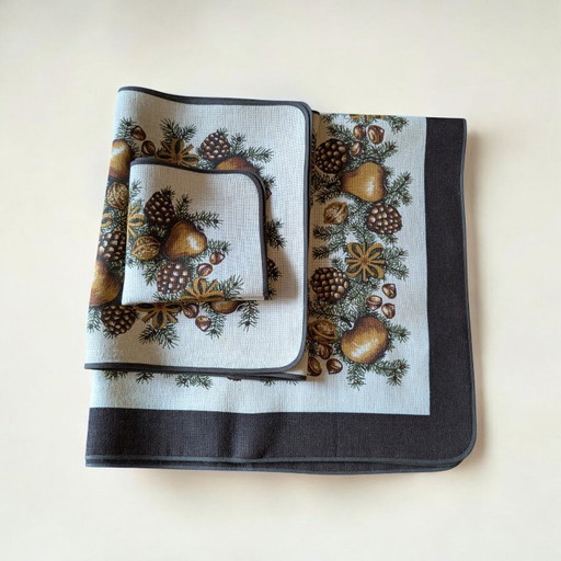 Rare nappe vintage en jute des années 70-80 – motifs automne et Noël – 3 pièces