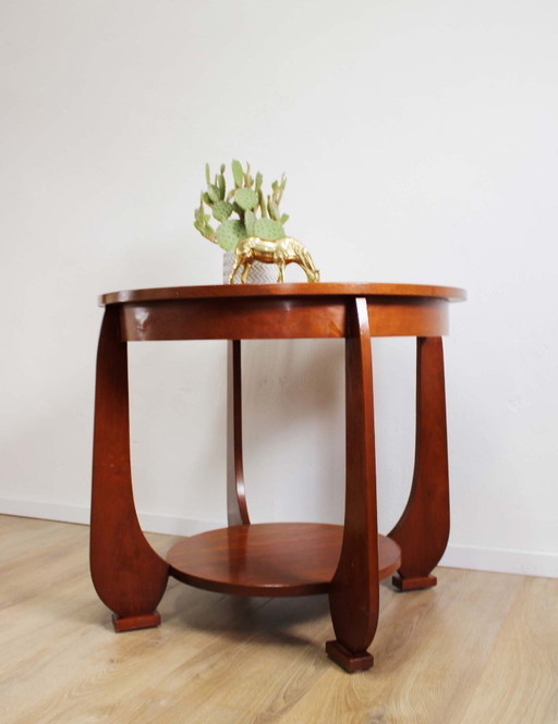 Round Amsterdam School style table. Wooden vintage living room / Art Deco side table
