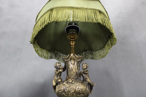 Image 1 of 1940s Restored Brass and marble Table Lamp with Fabric Shade