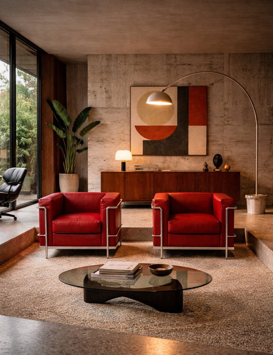 Image 1 of 6 vintage LC2 Le Corbusier stoelen in rood leer, Italië, jaren 80