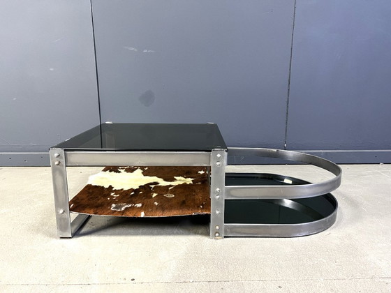 Image 1 of Tavolino da caffè in acciaio e cuoio di Willy Rizzo, anni '70