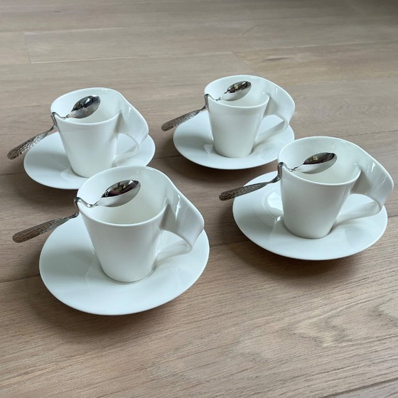 Image 1 of Juego de café Villeroy & Boch New Wave – 4 tazas con sus respectivos platillos y cucharas