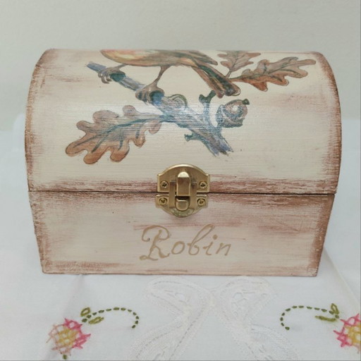 Portagioie in legno dipinto a mano con motivo pettirosso, scatola portagioie in stile vintage.