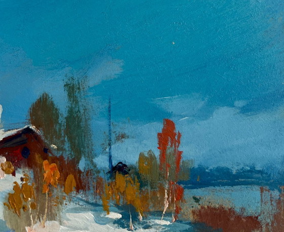 Image 1 of Origineel olieverfschilderij: Sneeuwdorplandschap. De eerste sneeuw viel.