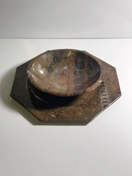 Vintage Fossilien Marmor Teller Platte Schale Oktagon Orthoceras Ammonit Poliert Stein