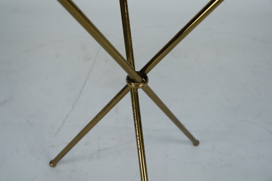 Image 1 of Small Italian brass and wood tripod coffee table from 50s