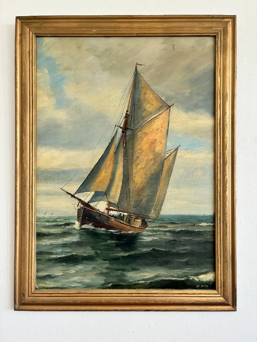 Peinture à l'huile vintage signée, voilier, paysage marin