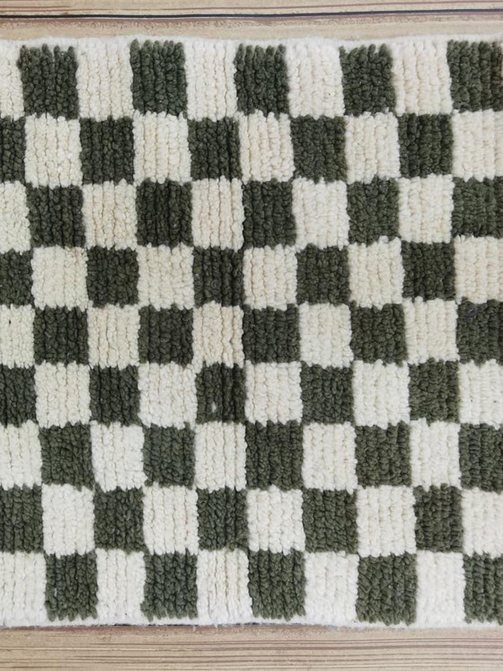 Image 1 of Handmade Moroccan wool rug: 300/70 cm abstract olive green checkered hallway runner