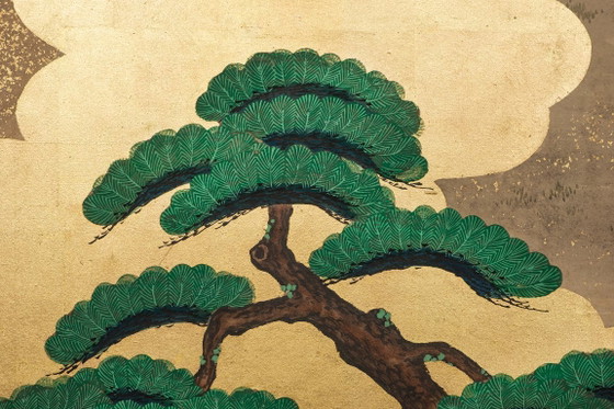 Image 1 of Antico paravento giapponese a sei pannelli con raffigurazione della storia di Genji.