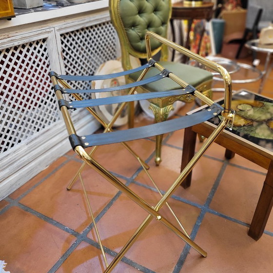 Image 1 of Portavaligie pieghevole per hotel, acciaio placcato oro e tessuto, anni '90 - Francia