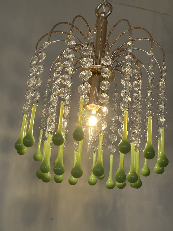 Image 1 of 2 Pieces Vintage Opaline Green Crystal Teardrop Chandeliers