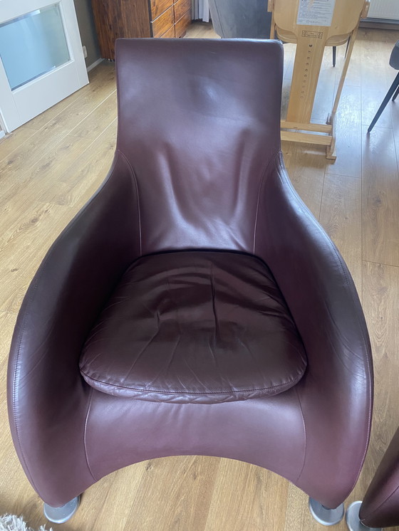 Image 1 of 2 vintage Montis Loge armchairs with aubergine leather backrest