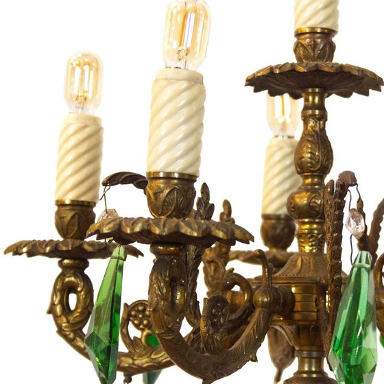 Image 1 of Vintage Bronze Candelabra Lamp with Green Crystals, 1930s