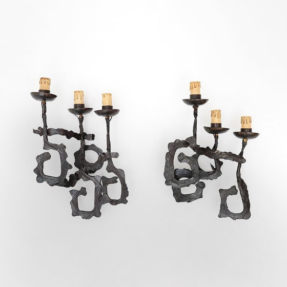 Image 1 of Pair of Brutalist wrought iron wall lamps, 1960s