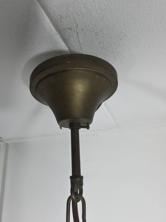 Image 1 of Vintage Scandinavian style pendant lamp – opaline glass & solid brass – Ø35 cm