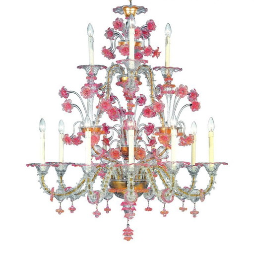 Luxuriöser Kronleuchter aus rosa und transparentem venezianischem Muranoglas