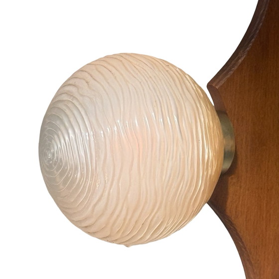 Image 1 of Hanging pendant - Model Sputnik - Wooden base, brass details and three glass domes - Mcm / Space Age Design