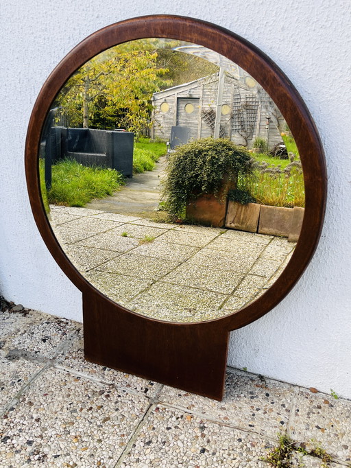 Round beveled wooden mirror