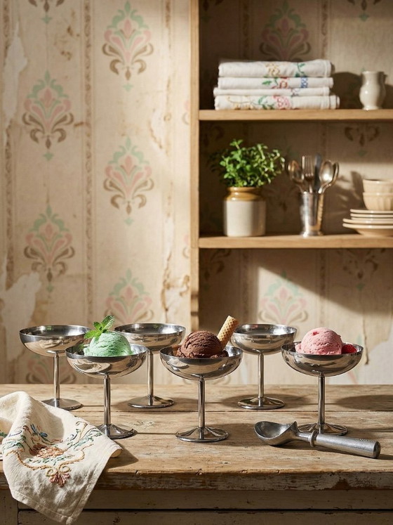 Image 1 of 8 Vintage stainless steel dessert bowls on feet in the Guy Degrenne style