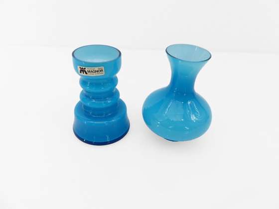 Image 1 of Portavelas de cristal opalino azul turquesa, diseño escandinavo, Magnor Glassverk, Noruega, Circa 1960
