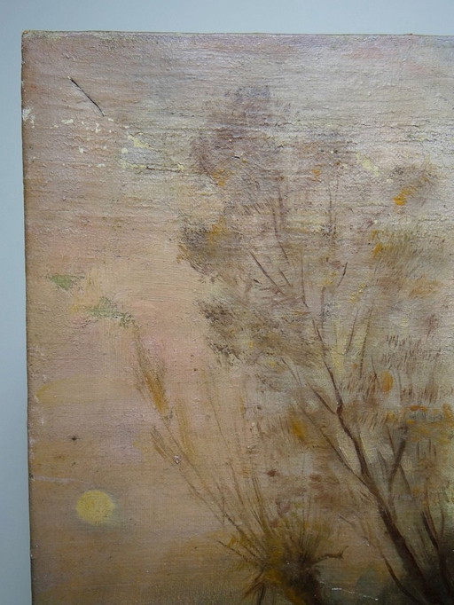 Large Painting Farm on Pond Antique 19th Century Signature Oil on Linen Canvas