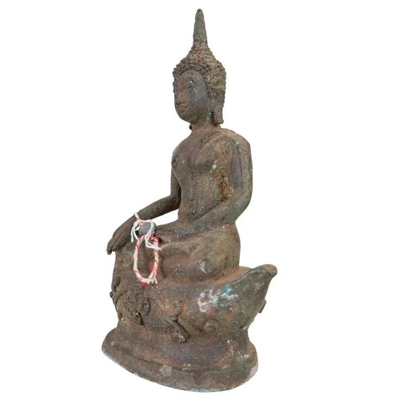 Antieke Thaise Bronzen Boeddha op Lotusvoet – Diepe Patina – Originele Kernvulling – Exportlabel (photo 8 of 14)