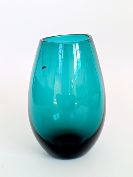 Image 1 of Midcentury Karl Friedrich Glas Mouth-Blown Teal Glass Vase, Votive Holder, 1960s German Art Glass
