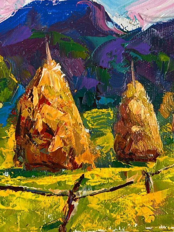 Image 1 of Original Oil Painting Nature Landscape Hills Mowed Hay in the Field