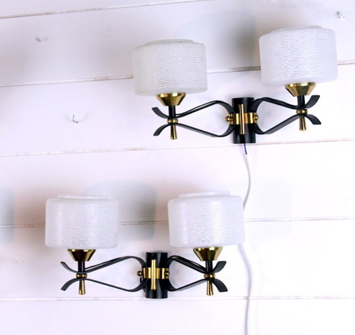 Pair of double wall sconces, Maison Arlus, Mid-Century, black brass opaline glass, France, 1950s