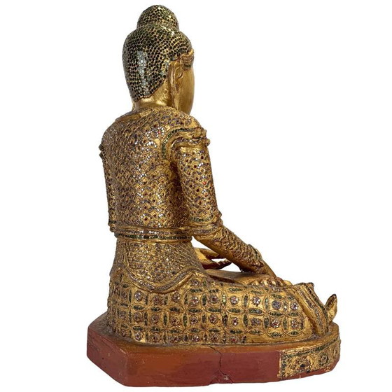 Antieke Birmese Jambupati Boeddha met glasinleg, 57 cm hoog. – Beeldhouwkunst, Wood (photo 5 of 16)
