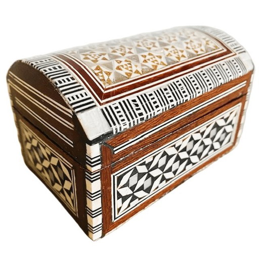 Vintage Khatam geometric wooden jewelry box with mother-of-pearl inlay wood, 1970s