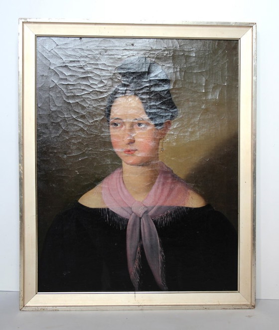 Image 1 of 19e-eeuws olieverfportret van een jonge vrouw