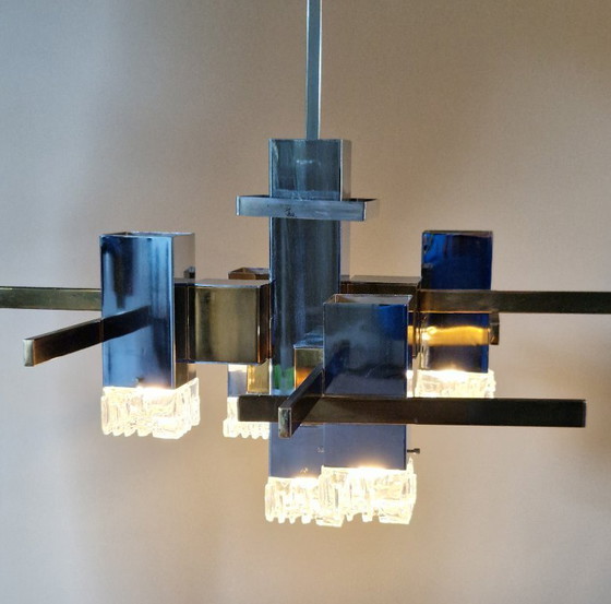 Image 1 of Vintage Italian design chandelier, Cubic, Gaetano Sciolari, chrome, brass, glass, 1970s