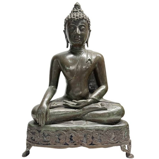 Monumental Buda Shakyamuni de bronce fundido S. XIX sobre trono de altar calado – Estilo Lan Na / Tibetano (52 cm)