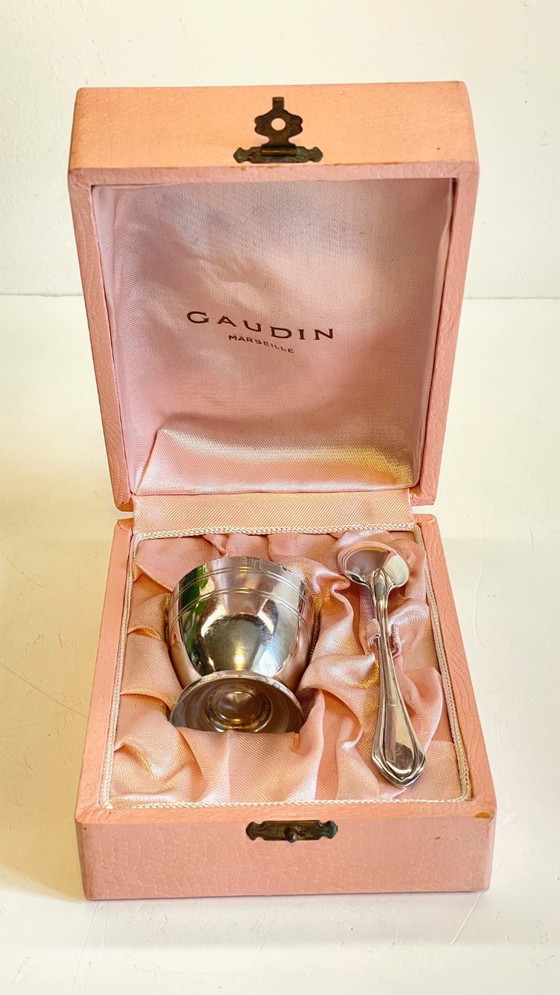 Image 1 of Vintage Silver-Plated Metal Egg Cup and Spoon for Birth