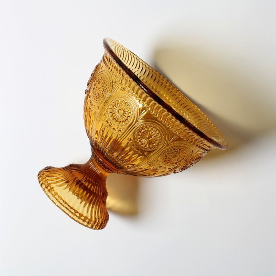 Image 1 of Ciotola con piedistallo color ambra, stile metà secolo / Moderno Vintage / Godinger / USA / Anni '90