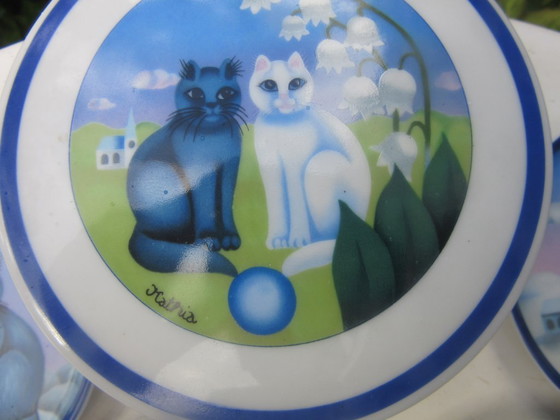 Ensemble de 4 plateaux à bijoux Arzberg Germany avec pot à couvercle, motif chat par Kathia. Vintage (photo 15 of 17)