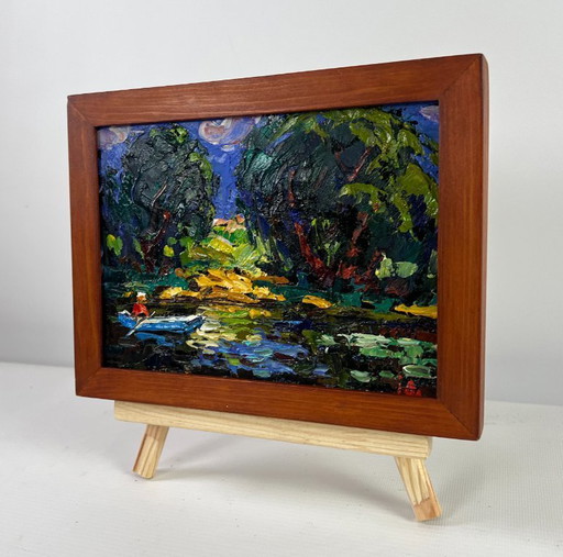 Original Oil Painting Summer River Landscape Evening colors of the sky