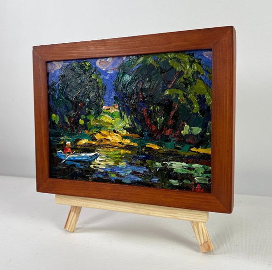 Image 1 of Original Oil Painting Summer River Landscape Evening colors of the sky