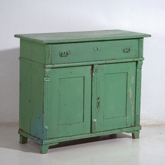 Central European chest of drawers with original green paint – Tyrol, circa 1890 – Brass, Rustic (photo 9 of 40)