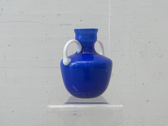 Image 1 of Handle vase made of blue opal glass by Opalina Fiorentina, Italy, 1960s