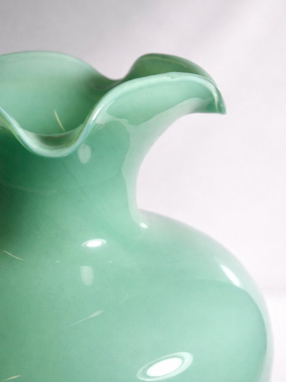 Image 1 of Vintage Murano Vase Jade Grün Milch Opal Glas 50er Mid Century  Mint Türkis Barovier Toso Tonelli Lattimo Filigrana